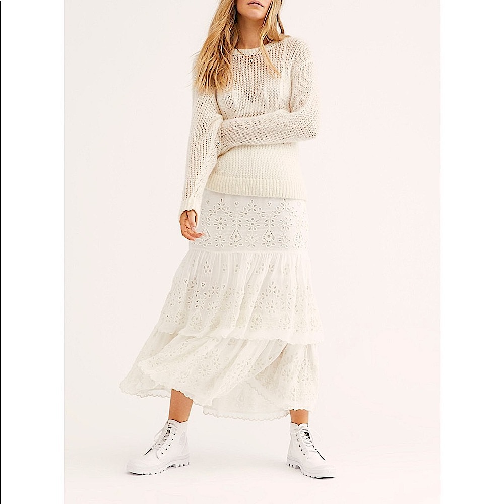 FREE PEOPLE Tiered Midi Skirt Eyelet Embroidery - 2/S White